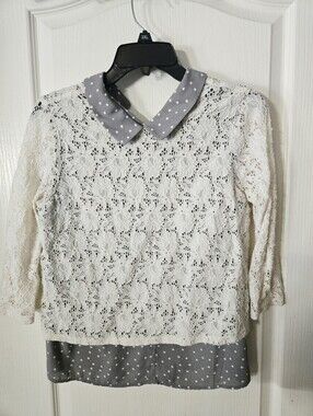 ELLE Lace Overlay Polka Dot Peter Pan Collar Blouse Size Small